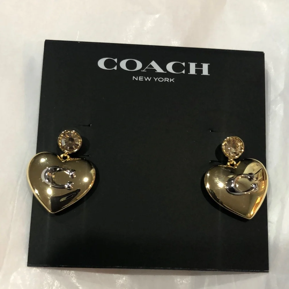Coach gold plated puffy heart shape citrine gemstone look dangling stud earrings - Picture 2 of 14